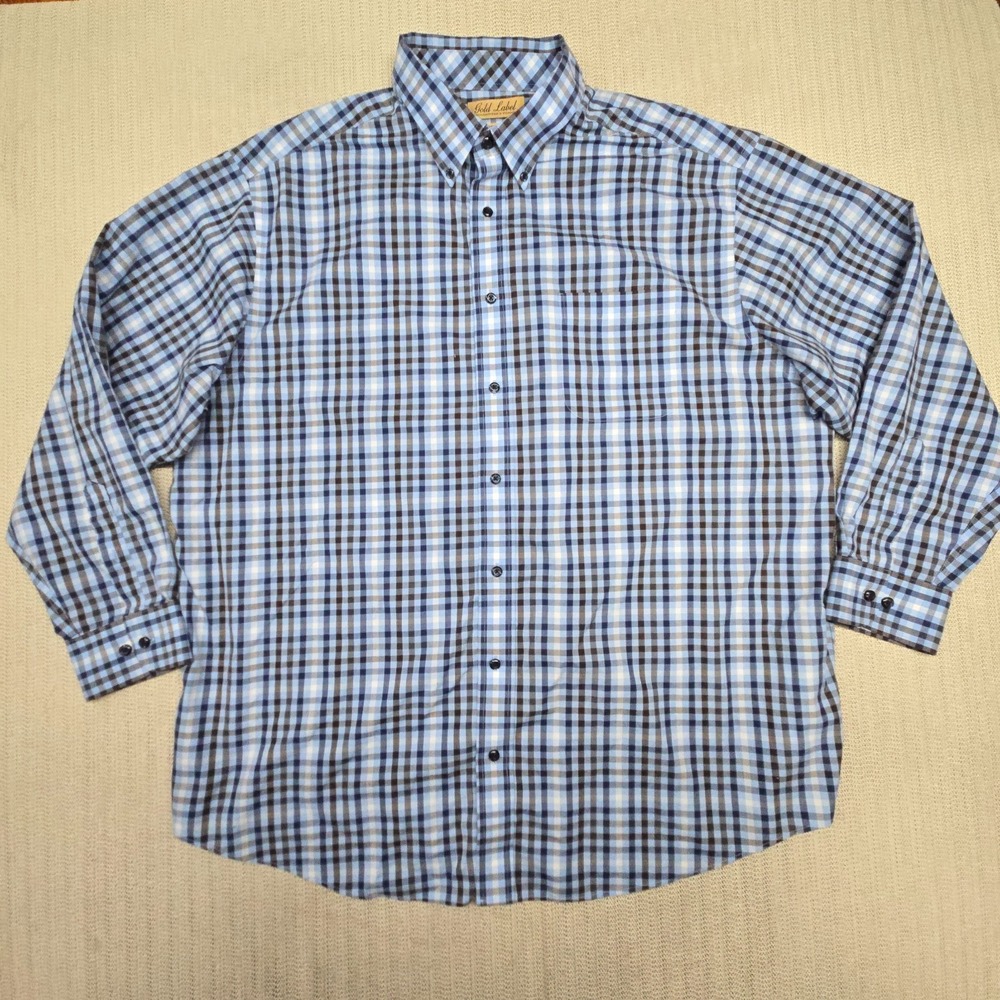 Roundtree & Yorke Gold Label Shirt Men 2XB Big Tall Blue White Plaid Long Sleeve